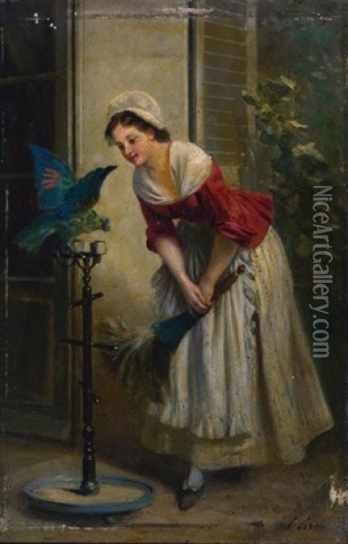 La Soubrette Et Le Perroquet Oil Painting - Prudent Louis Leray