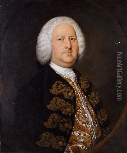 Portrait Of A Gentleman, 
Half-length, In Ablue Coat With A White, Embroidered Waistcoat, Within A
 Paintedstone Oval Oil Painting - Thomas Hudson