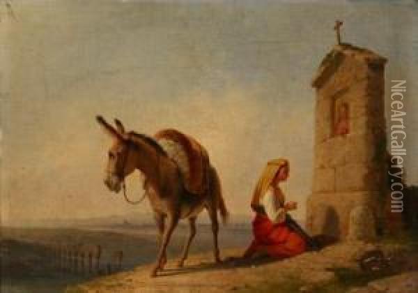 Pilgrim Beside A Roadside Shrine Oil Painting - John Gadsby Chapman