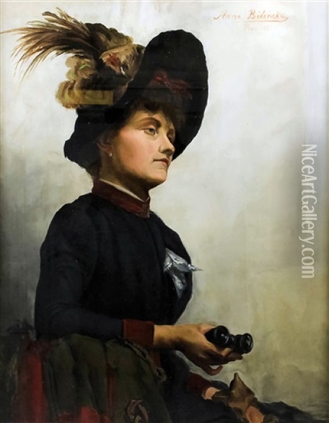 Seated Half Length Portrait Of A Woman Wearing A Wide Brimmed And Feather Lined Hat And Holding Binoculars In Her Right Hand Oil Painting - Anna Bilinska-Bohdanowicz