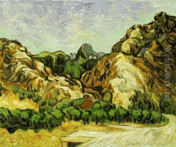 Mountains At St. Remy With Dark Cottage Oil Painting - Vincent Van Gogh