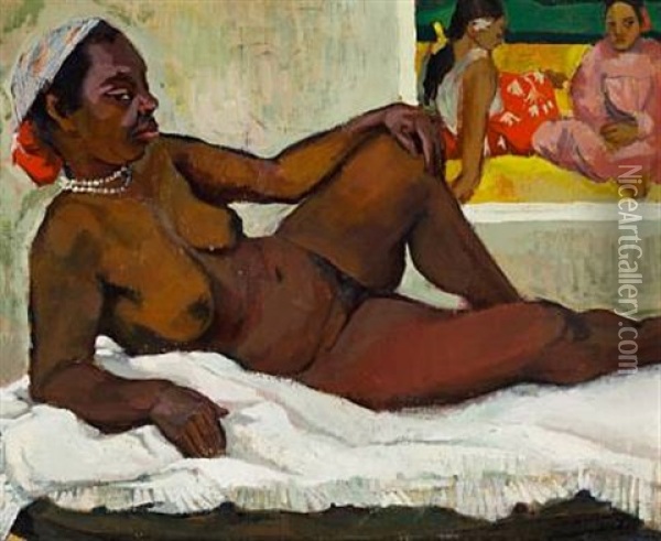 A Naked Dark Woman Laying With A White String Of Pearls Around Her Neck. On The Wall A Painting By Paul Gauguin Oil Painting - Paul Gauguin
