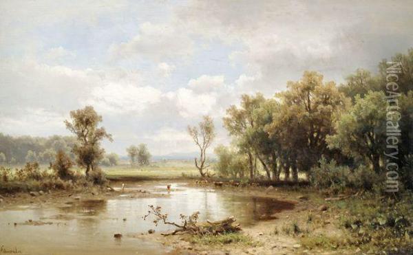 Blick In Eine Weite Sommerlandschaft, Im Mittelgrund Eine Rinderherde An Einem Gewasser Oil Painting - Adolf Chwala