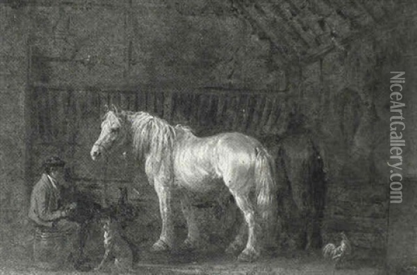 Two Ponies And A Stable Hand In A Stable Oil Painting - Edmund Bristow