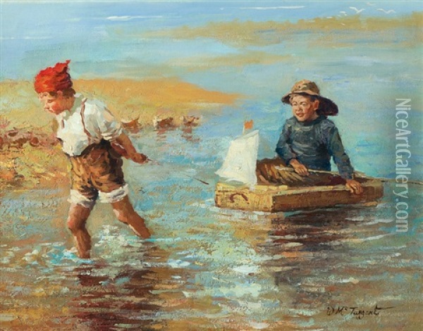 Two Boys Playing At The Beach Oil Painting - William McTaggart