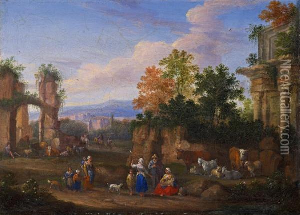 Sudliche Ruinenlandschaft Mit Hirten Oil Painting - Mattijs Schoevaerdts