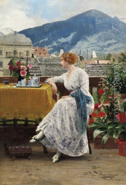 Junge Frau Am Balkon In Weiz Oil Painting - Johann Hamza