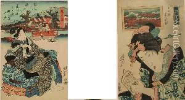 A Pair Of Woodcut Prints Including Hodogaya Station And Woman Reading In Kimono Oil Painting - Keisai Eisen