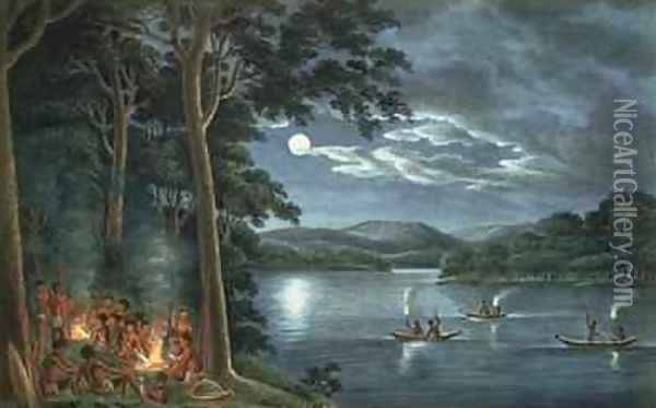 Fishing by torchlight other Aborigines beside camp fires cooking fish from his Drawings of the natives and scenery of Van Diemens Land 1830 Oil Painting - Joseph Lycett