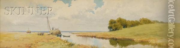 Haying On The River Bank Oil Painting - Charles George Copeland