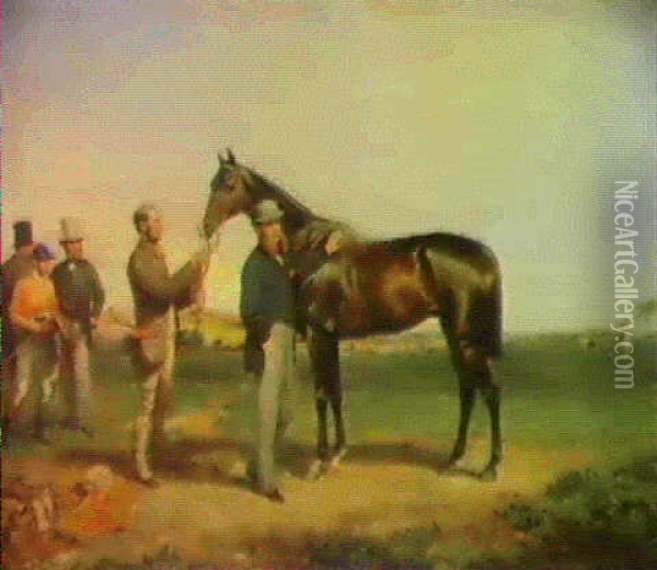 'mr. Freshman' With His Owner, The Hon. Charles Talbot,     Being Held By His Groom, A Jockey And Two Gentleman Beyond Oil Painting - William Riviere