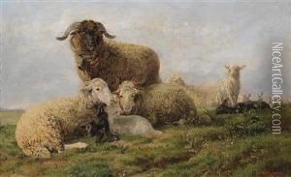 Sheepin The Pasture Oil Painting - Charles Henry Poingdestre