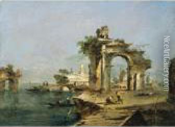 A Venetian Capriccio With Figures By The Lagoon, A Ruined Arch And Temple Beyond Oil Painting - Francesco Guardi