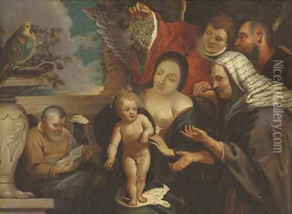 The Holy Family with Saints Joachim and Anne and an Angel Oil Painting - Jacob Jordaens