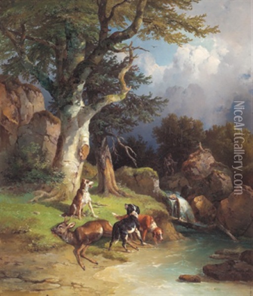 Jagdhunde Bei Einem Erlegten Rehbock Oil Painting - Edmund Mahlknecht
