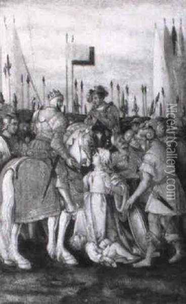 Frau Vor Dem Kaiser Trajanus Kniend Inmitten Einer Schlacht Oil Painting - Hans Sebald Beham