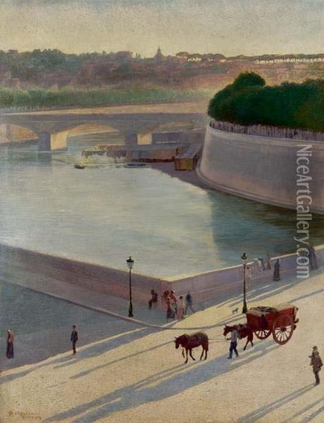 Veduta Dell'isola Tiberina A Roma - 1908 Oil Painting - Pietro Mengarini