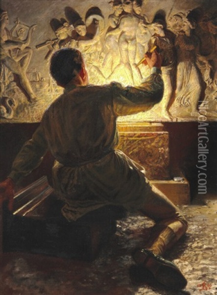 A Roman Plasterer Oil Painting - P.H. Kristian Zahrtmann