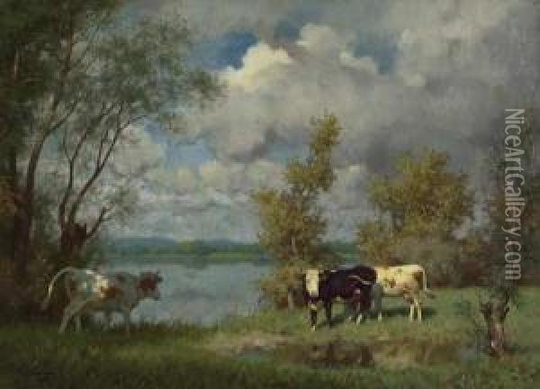 Fleckvieh Am Sommerlichen Rheinufer Oil Painting - Julius Hugo Bergmann