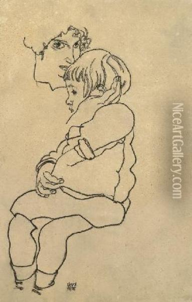 Schieles Schwester Gerti Mit 
Ihrem Sohn Anton (schiele's Sister Gertrude With Her Son Anton) Oil Painting - Egon Schiele