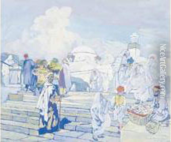 Promenade Pres De La Grande Mosquee, Alger. Oil Painting - Leon Cauvy