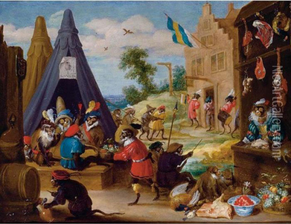 A Festival Of Monkeys (monkeys Dressed As Soldiers In An Encampment Near A Town) Oil Painting - David The Younger Teniers