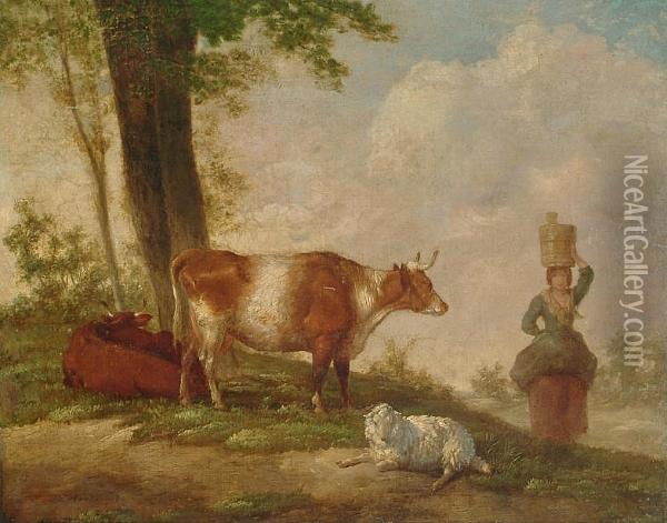 Milkmaid In A Pastoral Landscape Oil Painting - J.F. Hankes