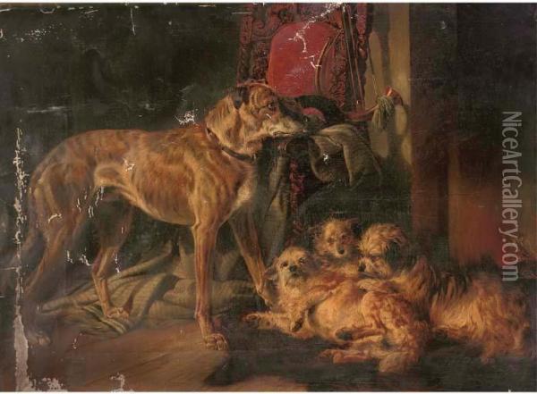 A Scottish Deerhound And Three Dandy Dinmonts By An Open Fire Oil Painting - Richard Ansdell