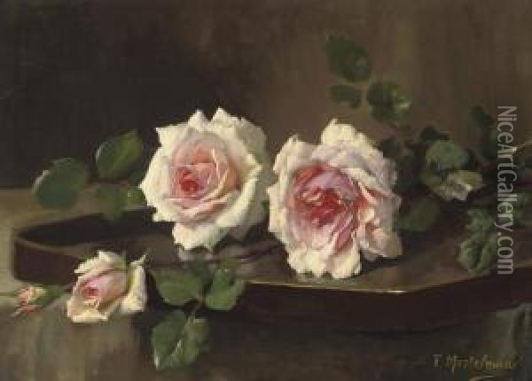 Two Pink Prince-de-bulgarie Roses Oil Painting - Frans Mortelmans