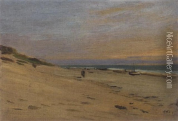 Breiter Sandstrand Mit Booten Und Staffage Oil Painting - Eugen Gustav Duecker