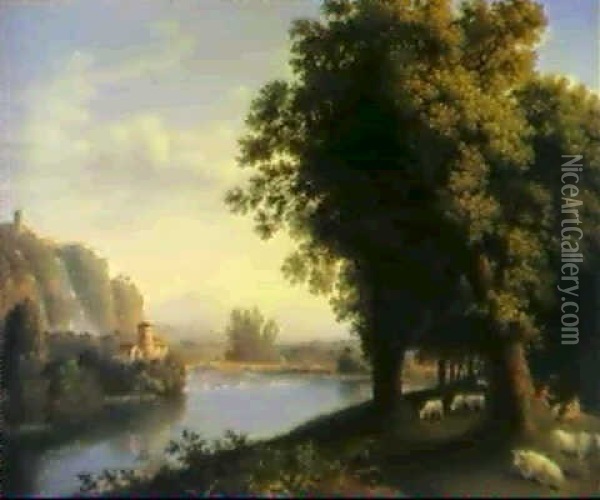 An Italianate River Landscape In Summer.... Oil Painting - Jacob Philipp Hackert