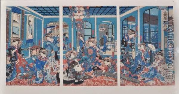 A Geisha House Oil Painting - Toyohara Kunichika