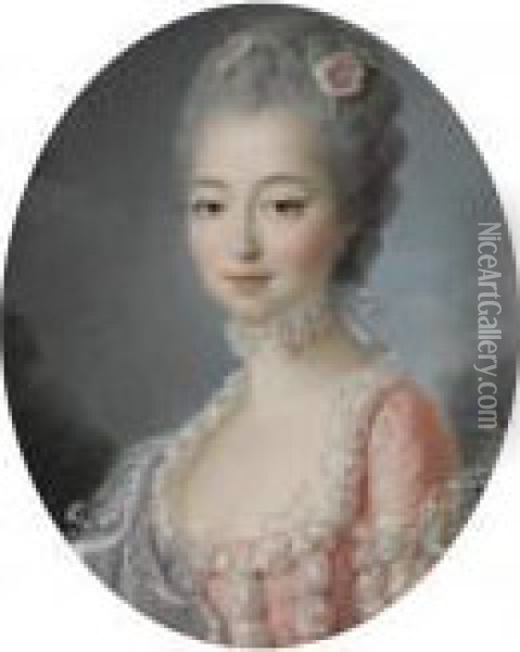 Portrait Of A Lady, Half-length, Wearing A Pink Dress With A Lace Trim Oil Painting - Francois-Hubert Drouais