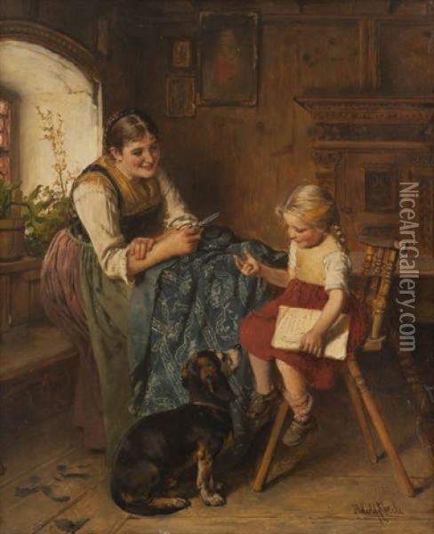 Scene De Famille Avec Jeune Mere, Enfant Et Chien Oil Painting - Adolf Eberle