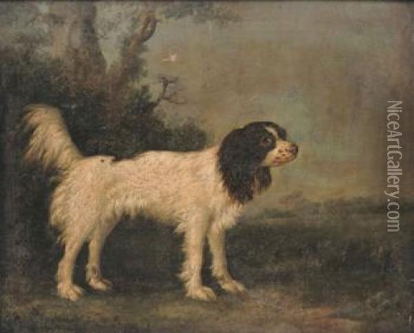 A Liver And White King Charles Spaniel In Alandscape Oil Painting - Charles Henry Schwanfelder