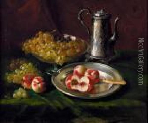 Stillleben Mit Pfirsichen, Trauben Und Kanne. Oil Painting - Alphonse de Neuville