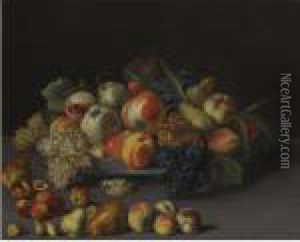 A Still Life With Apples, 
Peaches, Pears, Grapes And Walnuts On A Plate Over A Table With Other 
Fruits Oil Painting - Jean-Baptiste Oudry