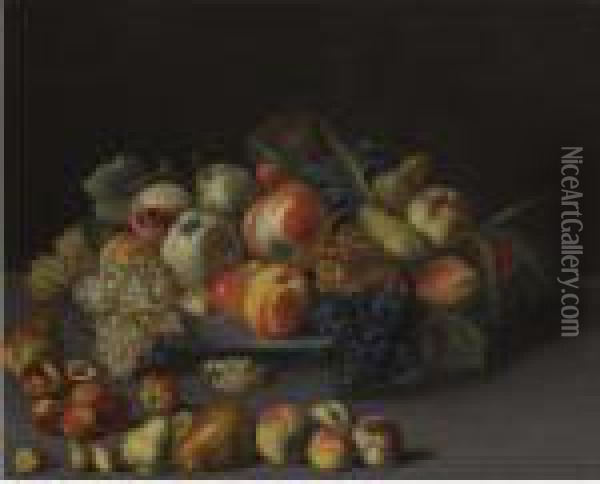 A Still Life With Apples, 
Peaches, Pears, Grapes And Walnuts On A Plate Over A Table With Other 
Fruits Oil Painting - Jean-Baptiste Oudry