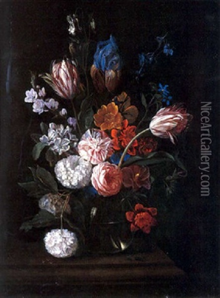 Nature Morte Au Bouquet De Fleurs Sur Un Entablement Oil Painting - Jan van Kessel the Younger