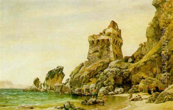 A View Of The Martello Tower, Erchia, The Gulf Of Salerno With Fishermen Hauling In Their Nets Oil Painting - Edward William Cooke