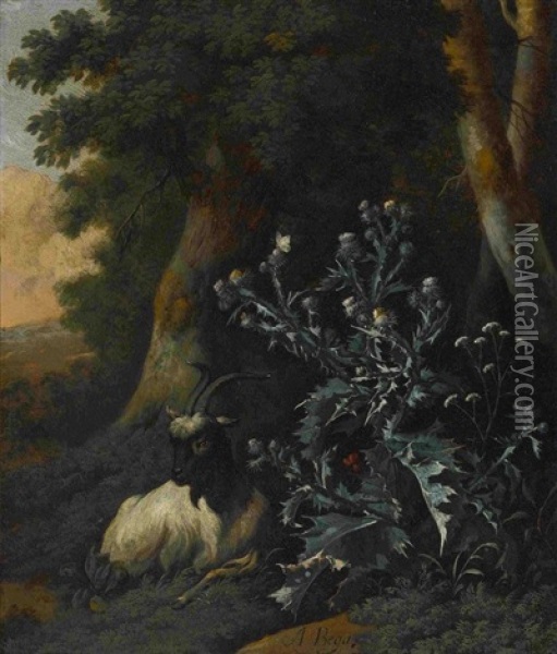 Waldlandschaft Mit Ziege Bei Einer Distel - Waldlandschaft Mit Ziege Bei Wilden Pflanzen (2 Works) Oil Painting - Abraham Jansz. Begeyn