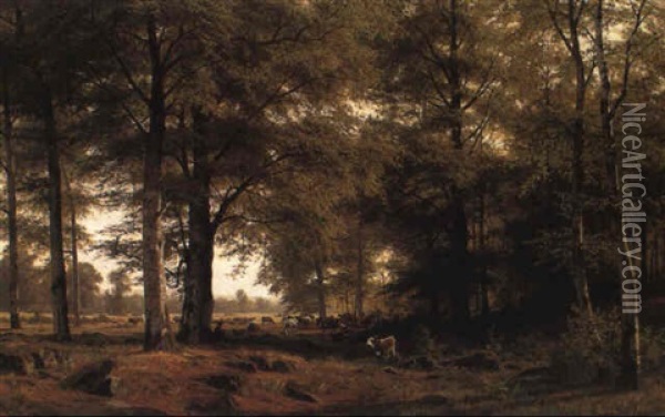 Eine Bewaldete Landschaft Mit Einem Kuhhirten Und Seiner Herde Oil Painting - Fritz Carl Werner Ebel