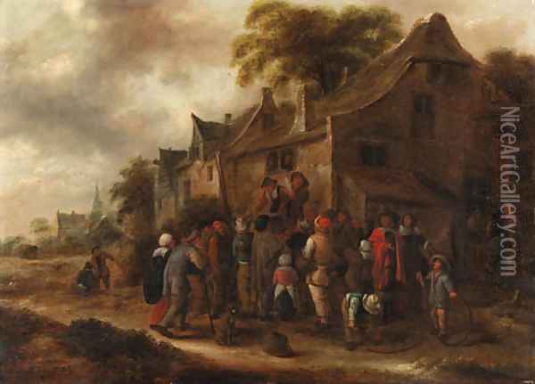 Peasant players in a village street Oil Painting - Claes Molenaar (see Molenaer)