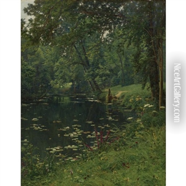 A Woodland Pond Oil Painting - Henri Biva