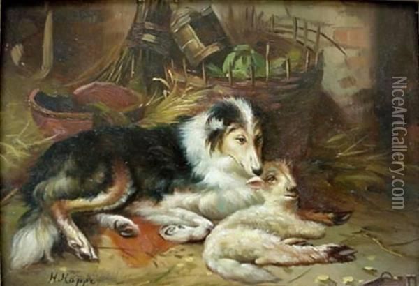 Dog And Goat Oil Painting - H.W. Hoppe