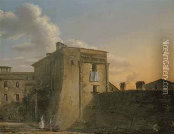 An Italianate Landscape With Figures (tempio Di Castore E Polluce At Cori) Oil Painting - Victor Jean Nicolle