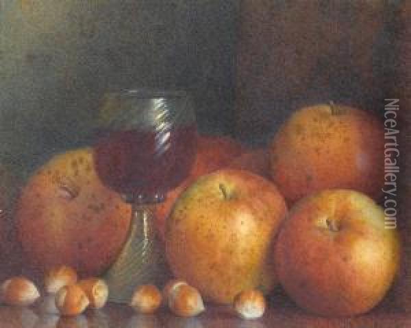 Still Life With Apples Hazelnuts And A Roemer Oil Painting - Frederick Spencer