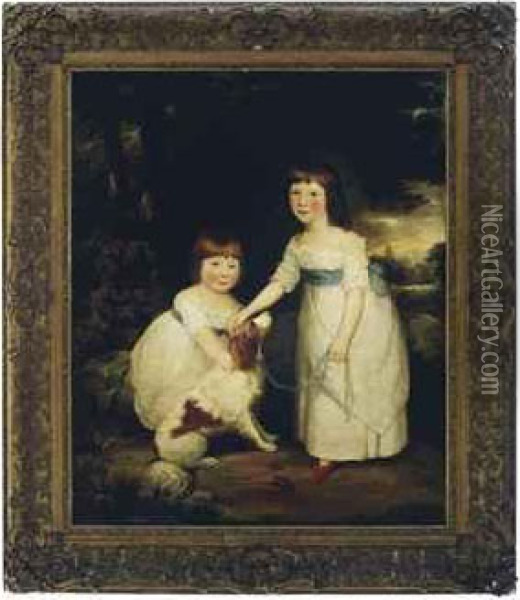 Portrait Of Two Young Sisters With A Dog In A Landscape Oil Painting - Sir William Beechey