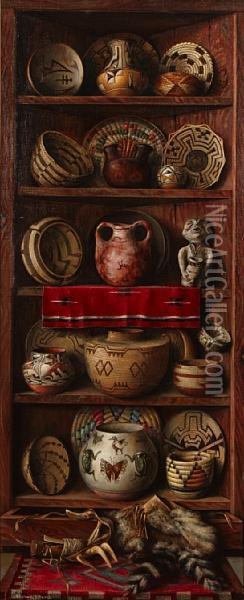 Shelves Of Indian Baskets And Artifacts Oil Painting - Frederick John Behre