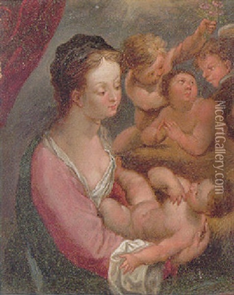 The Madonna And Child With Three Angels Oil Painting - Hans Rottenhammer the Elder